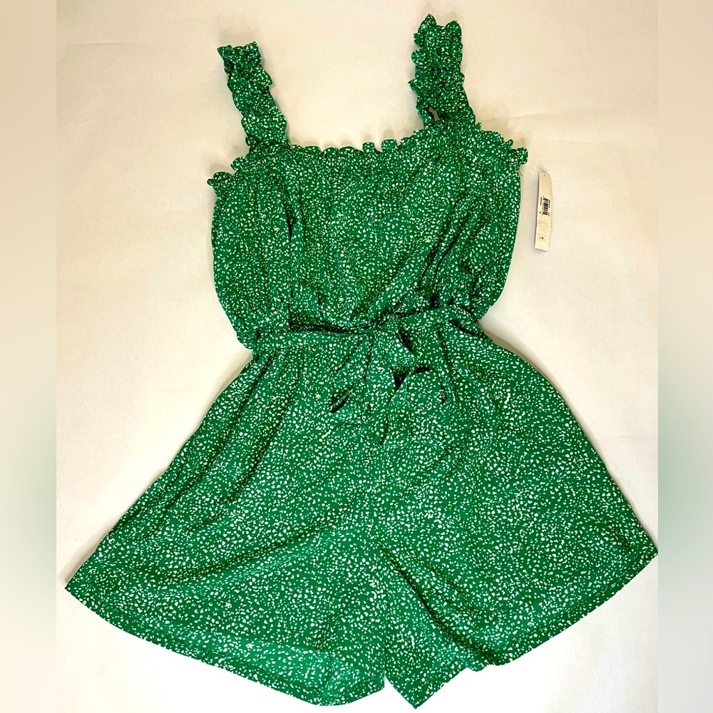 Green Dotted Smocked Romper with Tie Waist